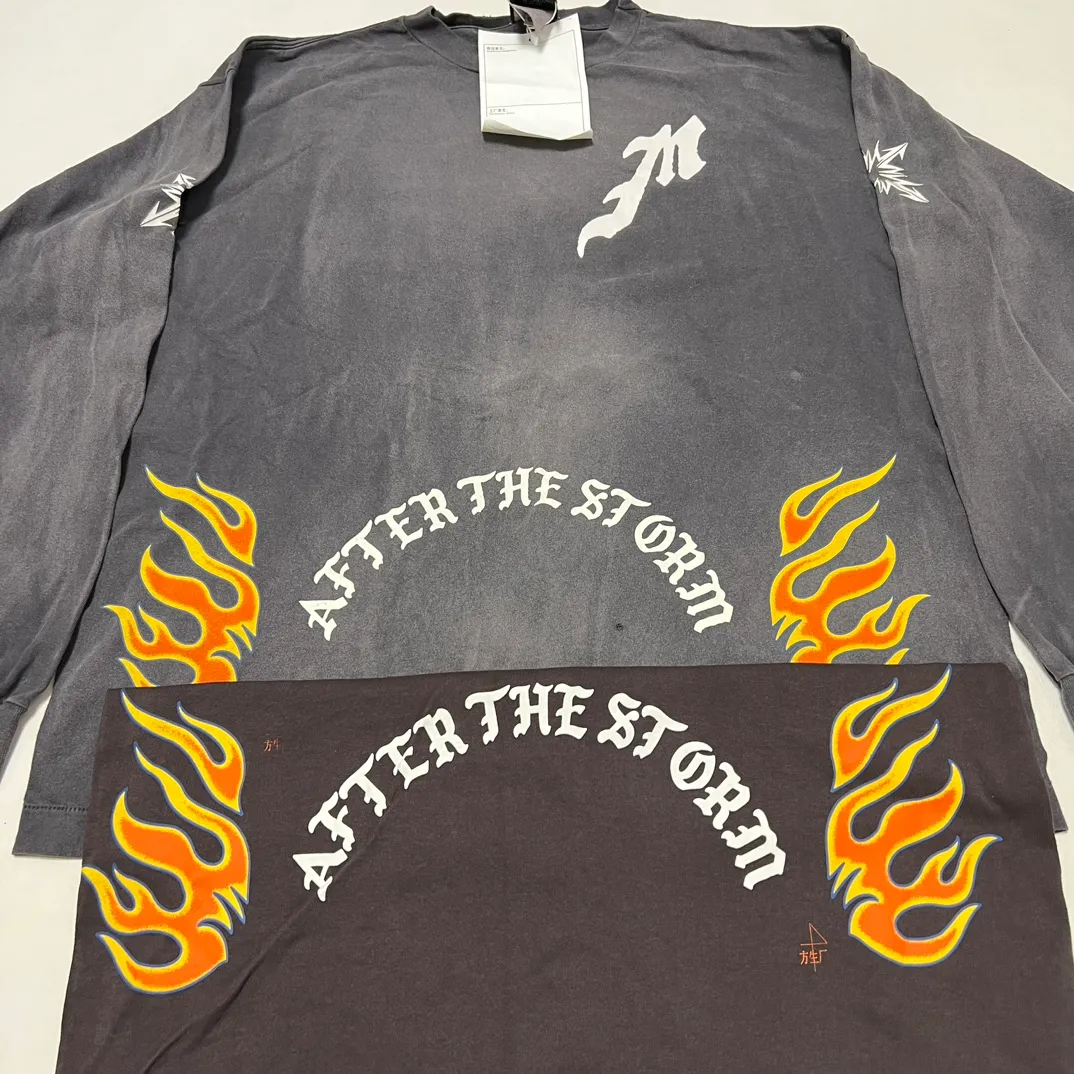 Printing proofing SAINT Mxxxxxx M/AFTER LS_TEE/BLACK flame arrow letter M retro old long tee washed black S-XL